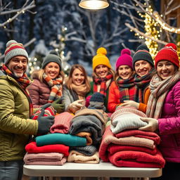 A warm and cozy scene featuring a group of people joyfully distributing warm winter clothing