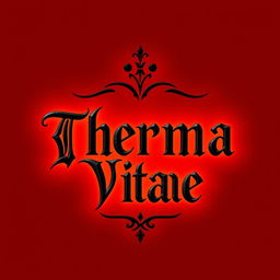 A logo design for a warm potion featuring the text 'Therma Vitae' in elegant black letters against a rich red background