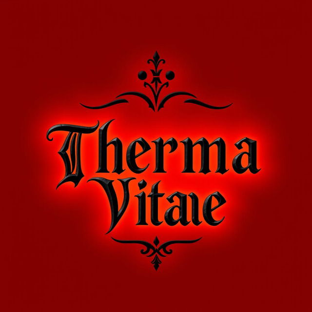 A logo design for a warm potion featuring the text 'Therma Vitae' in elegant black letters against a rich red background