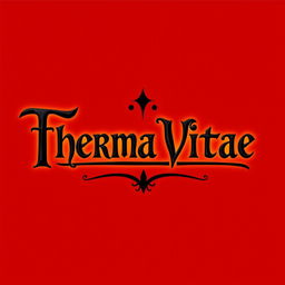 A logo design for a warm potion featuring the text 'Therma Vitae' in elegant black letters against a rich red background
