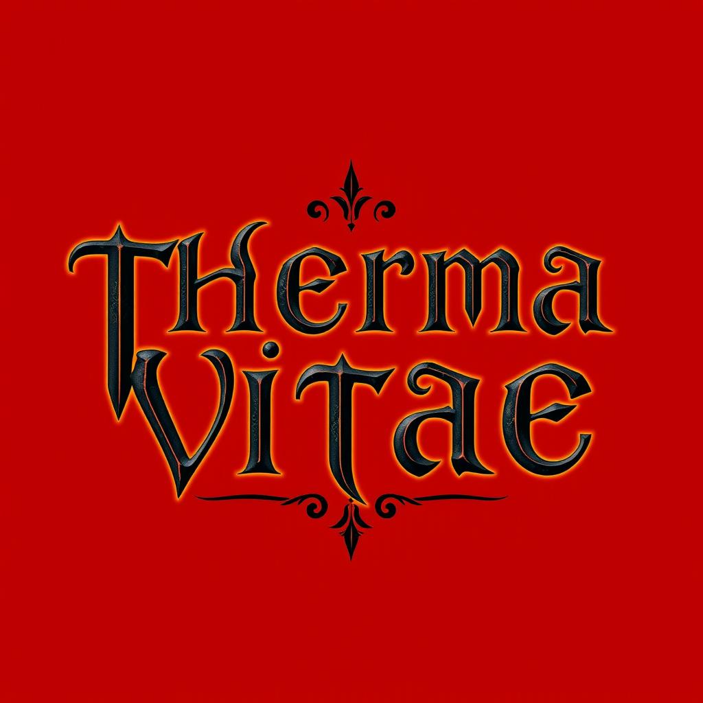 A logo design for a warm potion featuring the text 'Therma Vitae' in elegant black letters against a rich red background