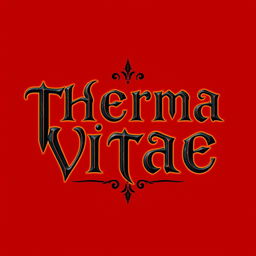 A logo design for a warm potion featuring the text 'Therma Vitae' in elegant black letters against a rich red background