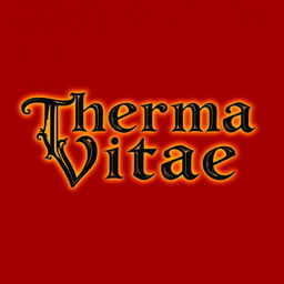 A logo design for a warm potion featuring the text 'Therma Vitae' in elegant black letters against a rich red background