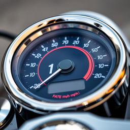 A close-up view of a motorcycle speedometer displaying a speed of 141 mph
