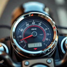 A close-up view of a motorcycle speedometer displaying a speed of 141 mph