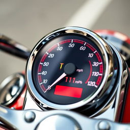 A close-up view of a motorcycle speedometer displaying a speed of 141 mph