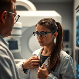 An intense radiologist in a doctor's office, focused and professional, wearing a white lab coat and glasses, surrounded by medical imaging equipment