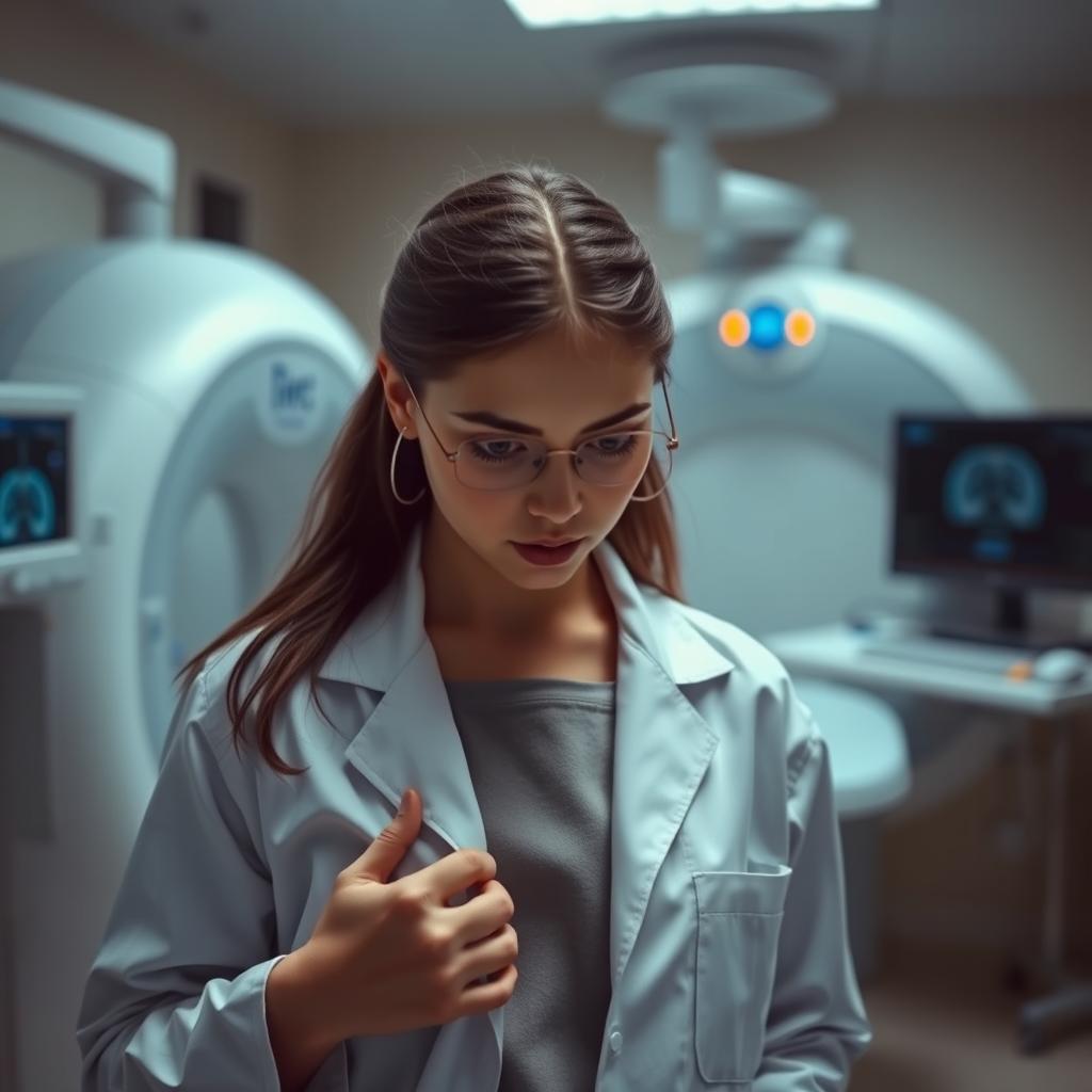 An intense radiologist in a doctor's office, focused and professional, wearing a white lab coat and glasses, surrounded by medical imaging equipment