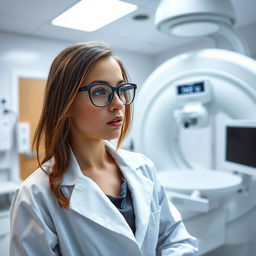 An intense radiologist in a doctor's office, focused and professional, wearing a white lab coat and glasses, surrounded by medical imaging equipment