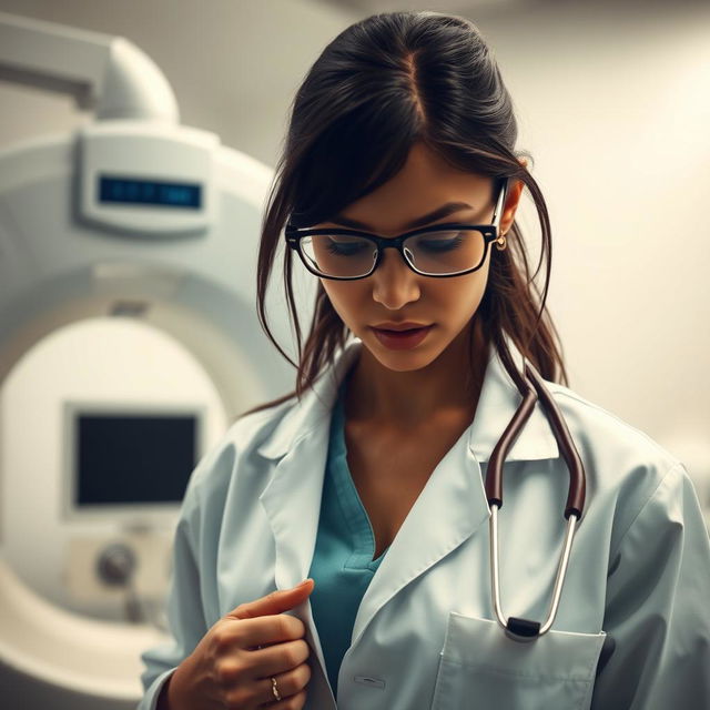 An intense radiologist in a doctor's office, focused and professional, wearing a white lab coat and glasses, surrounded by medical imaging equipment