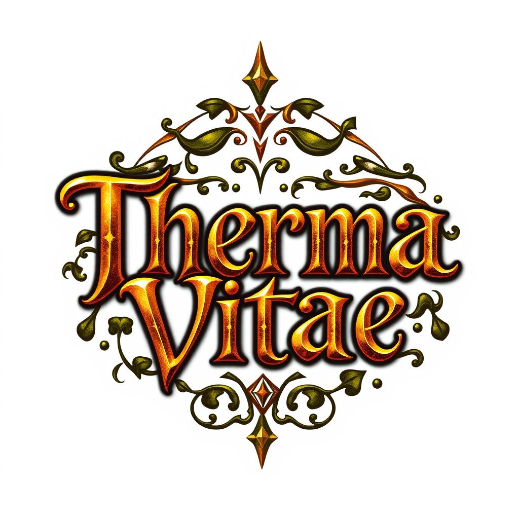 Create a logo for a potion named 'Therma Vitae' in a medieval fantasy style