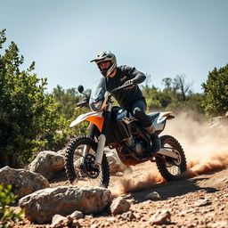 A rugged man in a helmet and motocross gear riding an XR Baja 250 motorcycle through a rocky off-road terrain