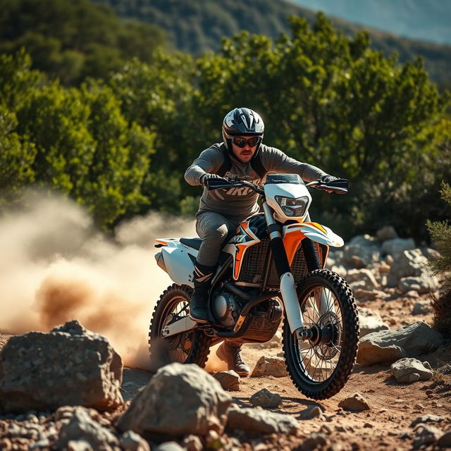 A rugged man in a helmet and motocross gear riding an XR Baja 250 motorcycle through a rocky off-road terrain