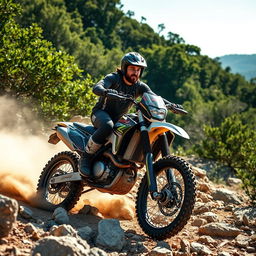 A rugged man in a helmet and motocross gear riding an XR Baja 250 motorcycle through a rocky off-road terrain