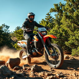 A rugged man in a helmet and motocross gear riding an XR Baja 250 motorcycle through a rocky off-road terrain