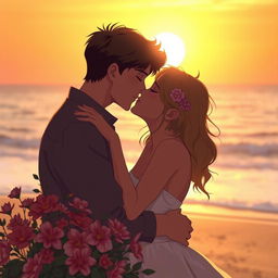 A romantic scene of two adults kissing passionately in a soft, dreamlike atmosphere