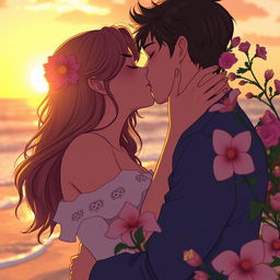 A romantic scene of two adults kissing passionately in a soft, dreamlike atmosphere
