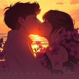 A romantic scene of two adults kissing passionately in a soft, dreamlike atmosphere