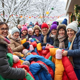A vibrant scene showing a community event for distributing warm winter clothing