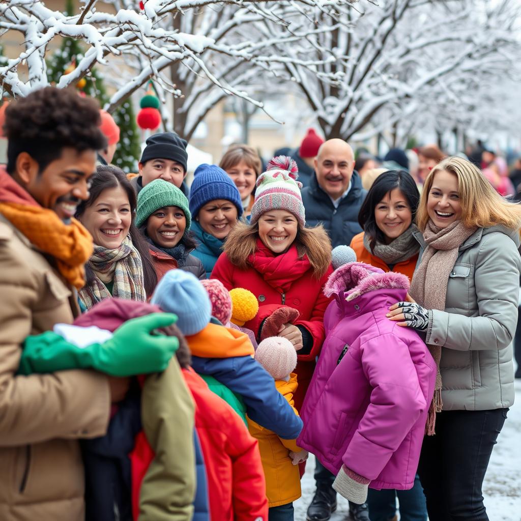 A vibrant scene showing a community event for distributing warm winter clothing