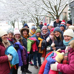 A vibrant scene showing a community event for distributing warm winter clothing