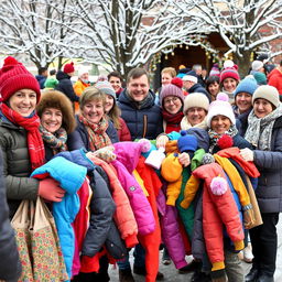 A vibrant scene showing a community event for distributing warm winter clothing
