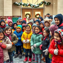 A heartwarming scene of students receiving warm winter clothing in a school environment