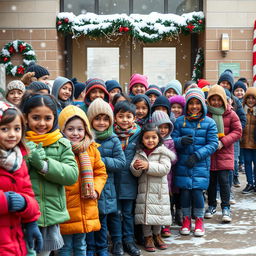 A heartwarming scene of students receiving warm winter clothing in a school environment
