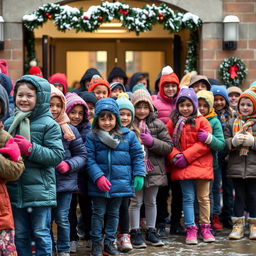 A heartwarming scene of students receiving warm winter clothing in a school environment