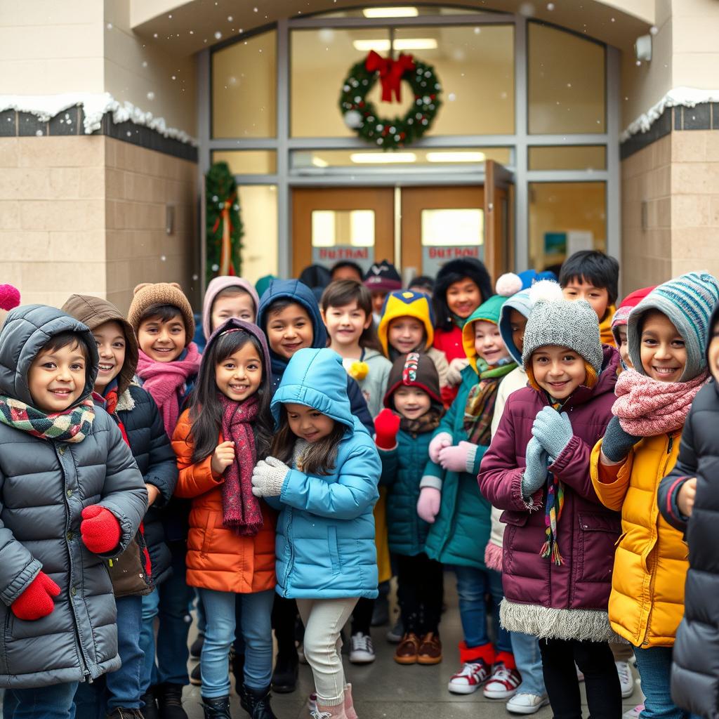 A heartwarming scene of students receiving warm winter clothing in a school environment