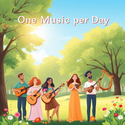 A serene illustration of a tranquil music scene, where a diverse group of people are enjoying music in a lush green park under a bright blue sky