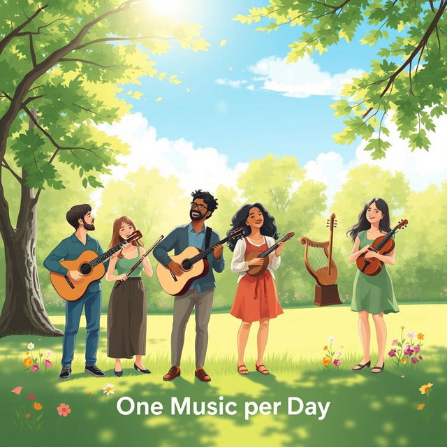 A serene illustration of a tranquil music scene, where a diverse group of people are enjoying music in a lush green park under a bright blue sky