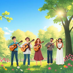 A serene illustration of a tranquil music scene, where a diverse group of people are enjoying music in a lush green park under a bright blue sky
