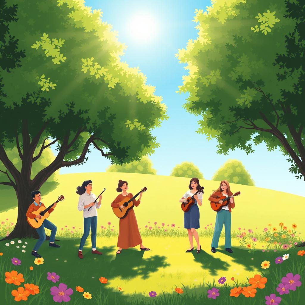 A serene illustration of a tranquil music scene, where a diverse group of people are enjoying music in a lush green park under a bright blue sky