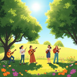 A serene illustration of a tranquil music scene, where a diverse group of people are enjoying music in a lush green park under a bright blue sky