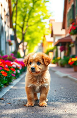 A small, fluffy red puppy with bright, curious eyes standing in the middle of a picturesque street, looking around with a hopeful expression, surrounded by colorful flowers, green trees, and charming houses in the background