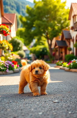 A small, fluffy red puppy with bright, curious eyes standing in the middle of a picturesque street, looking around with a hopeful expression, surrounded by colorful flowers, green trees, and charming houses in the background