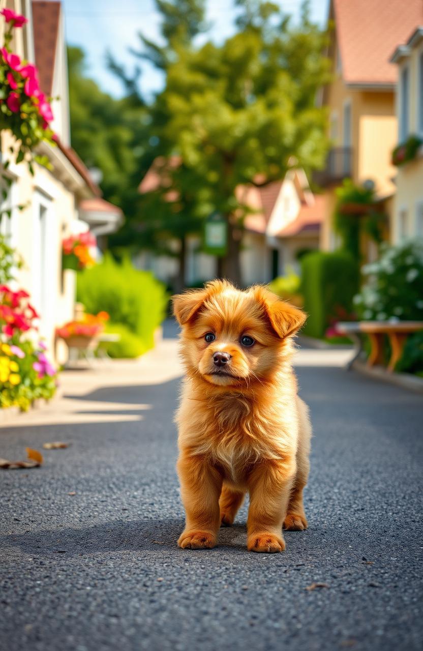 A small, fluffy red puppy with bright, curious eyes standing in the middle of a picturesque street, looking around with a hopeful expression, surrounded by colorful flowers, green trees, and charming houses in the background