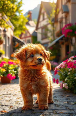 A small, fluffy red puppy with bright, curious eyes standing in the middle of a picturesque street, looking around with a hopeful expression, surrounded by colorful flowers, green trees, and charming houses in the background