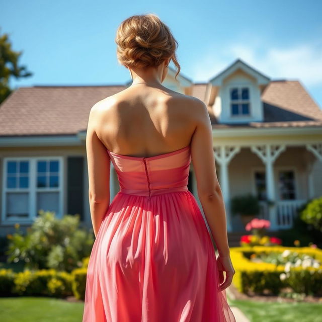 A 40-year-old woman wearing an elegant dress, viewed from behind, standing in front of a charming house