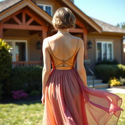 A 40-year-old woman wearing an elegant dress, viewed from behind, standing in front of a charming house