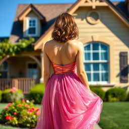 A 40-year-old woman wearing an elegant dress, viewed from behind, standing in front of a charming house