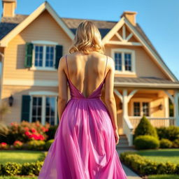 A 40-year-old woman wearing an elegant dress, viewed from behind, standing in front of a charming house