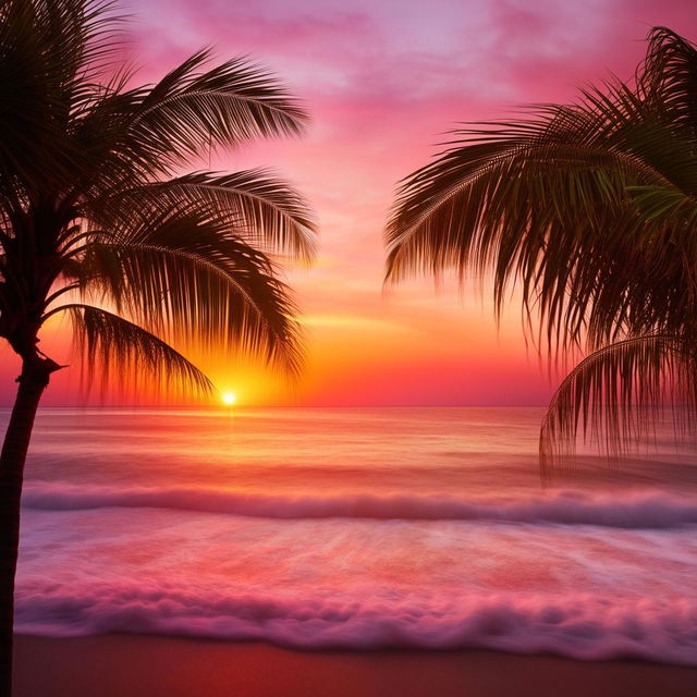 A shining, radiant sun setting over a serene, tropical beach with palm trees interspersed and waves softly hitting the shoreline. The sky alluringly painted with hues of pink and orange.