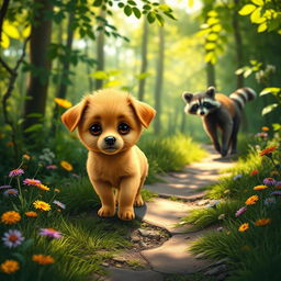 A small, cute, orange puppy looking for its way home, guided by a friendly raccoon