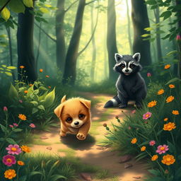 A small, cute, orange puppy looking for its way home, guided by a friendly raccoon