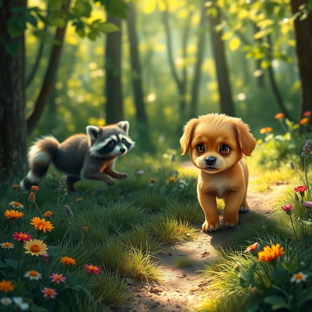 A small, cute, orange puppy looking for its way home, guided by a friendly raccoon