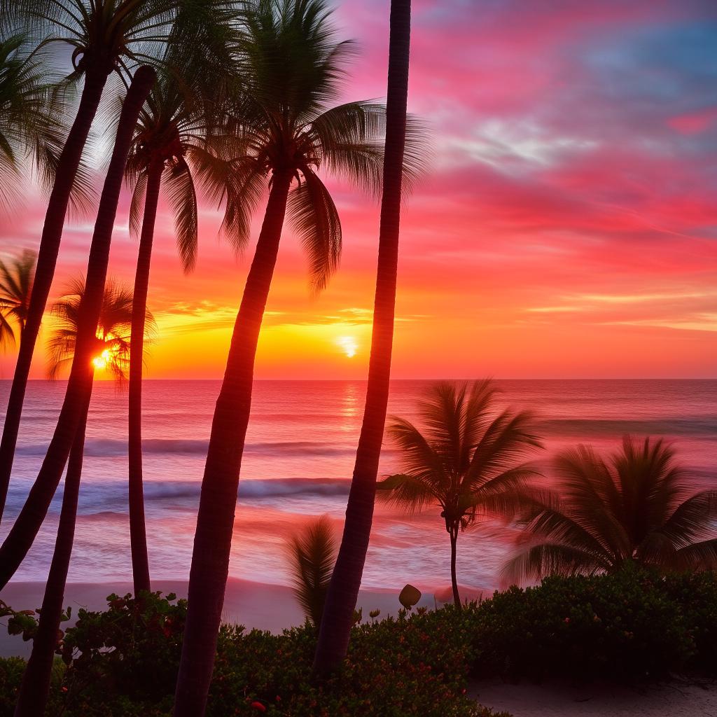 A shining, radiant sun setting over a serene, tropical beach with palm trees interspersed and waves softly hitting the shoreline. The sky alluringly painted with hues of pink and orange.