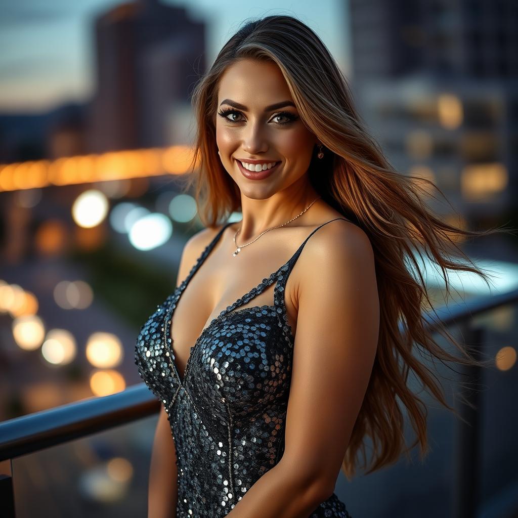 A stunning portrait of a beautiful transgender woman with long flowing hair, wearing a glamorous evening gown adorned with sequins