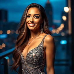 A stunning portrait of a beautiful transgender woman with long flowing hair, wearing a glamorous evening gown adorned with sequins